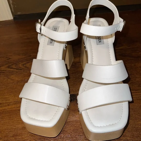 Steve Madden Gladiator White Strap Tan Platform Clog Heel Sandals Size 10 - Picture 7 of 14